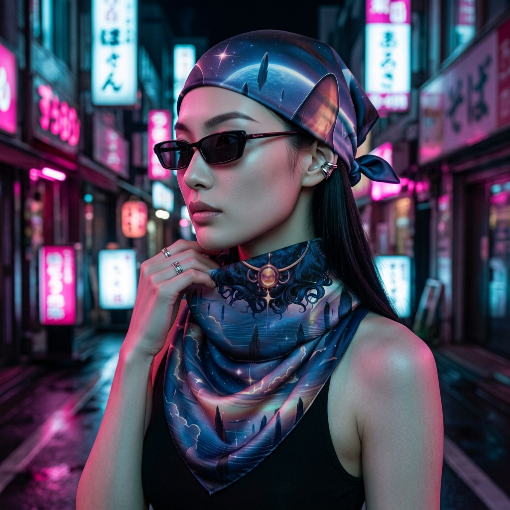 Woman in a neon-lit Tokyo alley wearing the Foulard Oracle as a bandana.