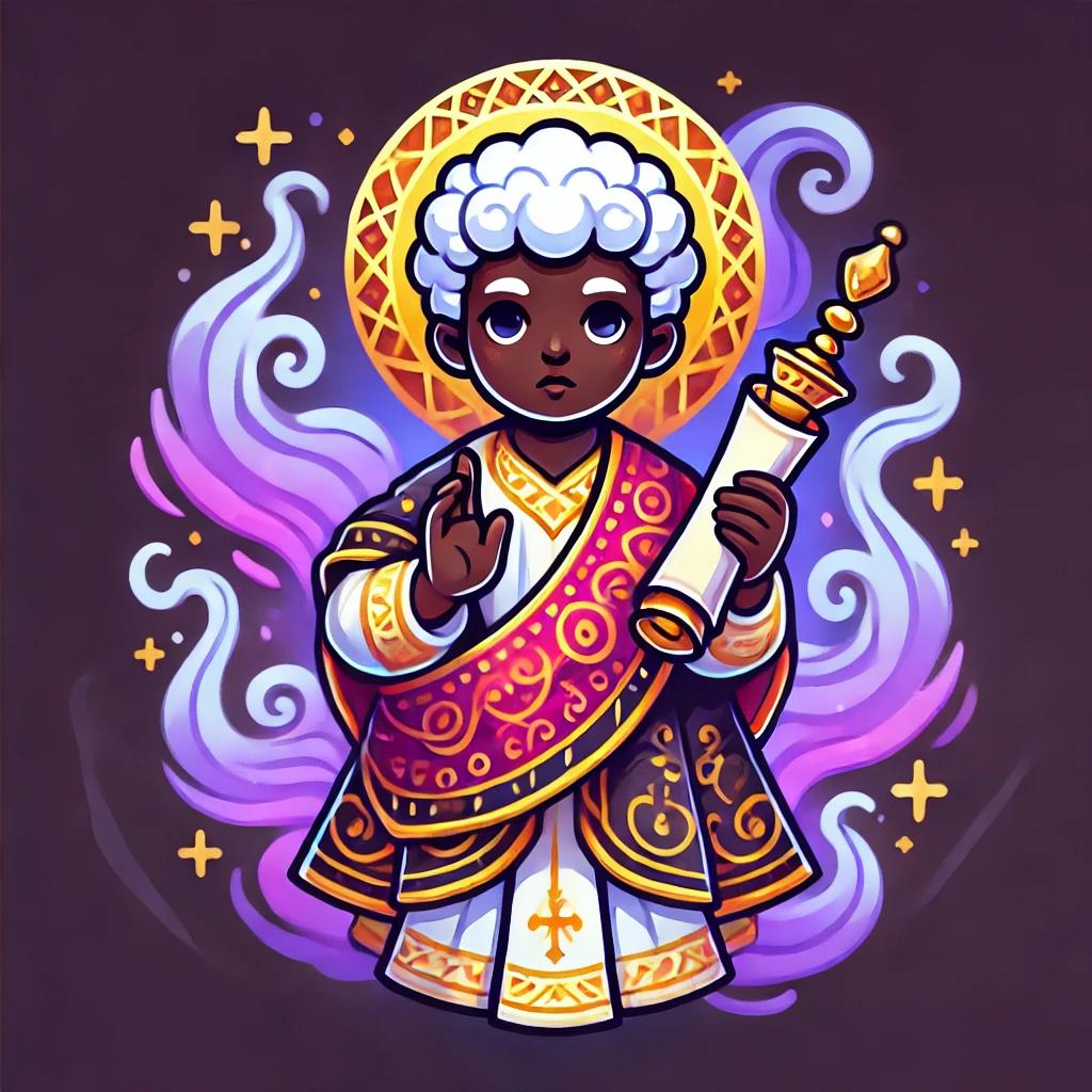 An illustrated founder icon — a small robed figure with halo and scroll