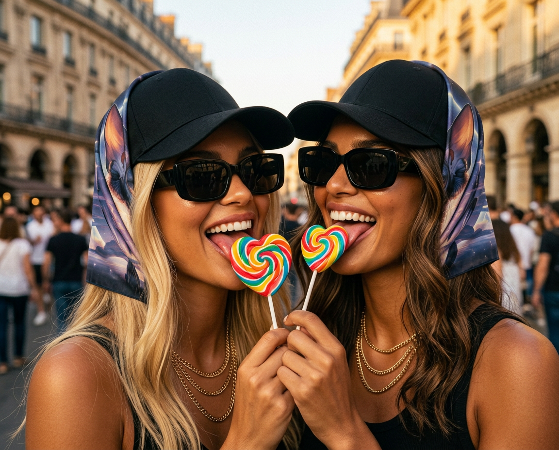 Two women in caps and Oracle foulards, lollipops in hand — Keinemusik-inflected ease.