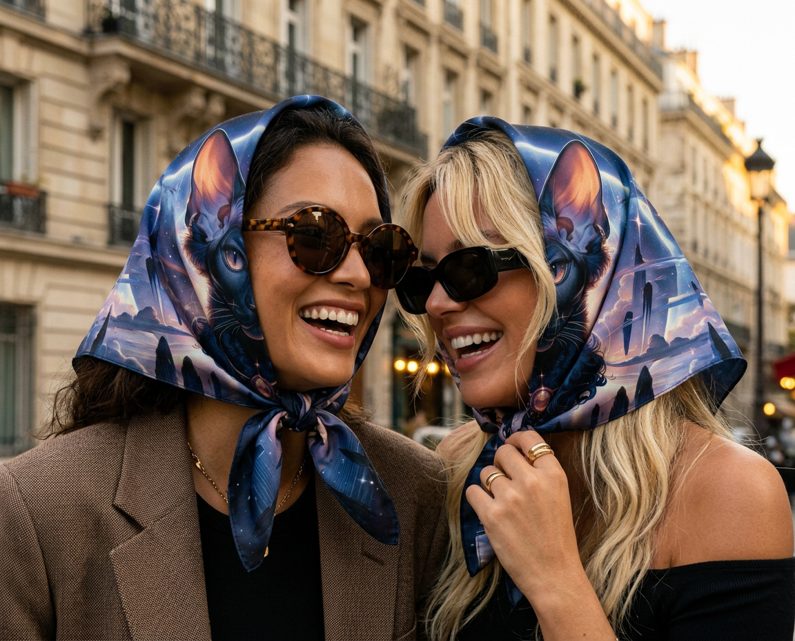 Two souls in the city, oracle silk wrapped as headscarves in cosmic blue and violet.