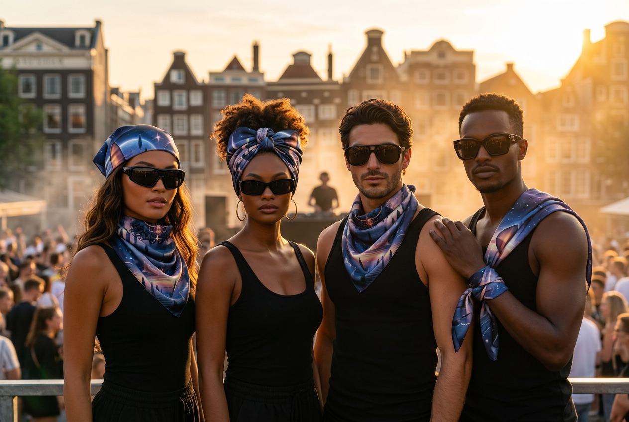 Four models — two women, two men — in Foulard Oracle scarves at an Amsterdam sunset festival.