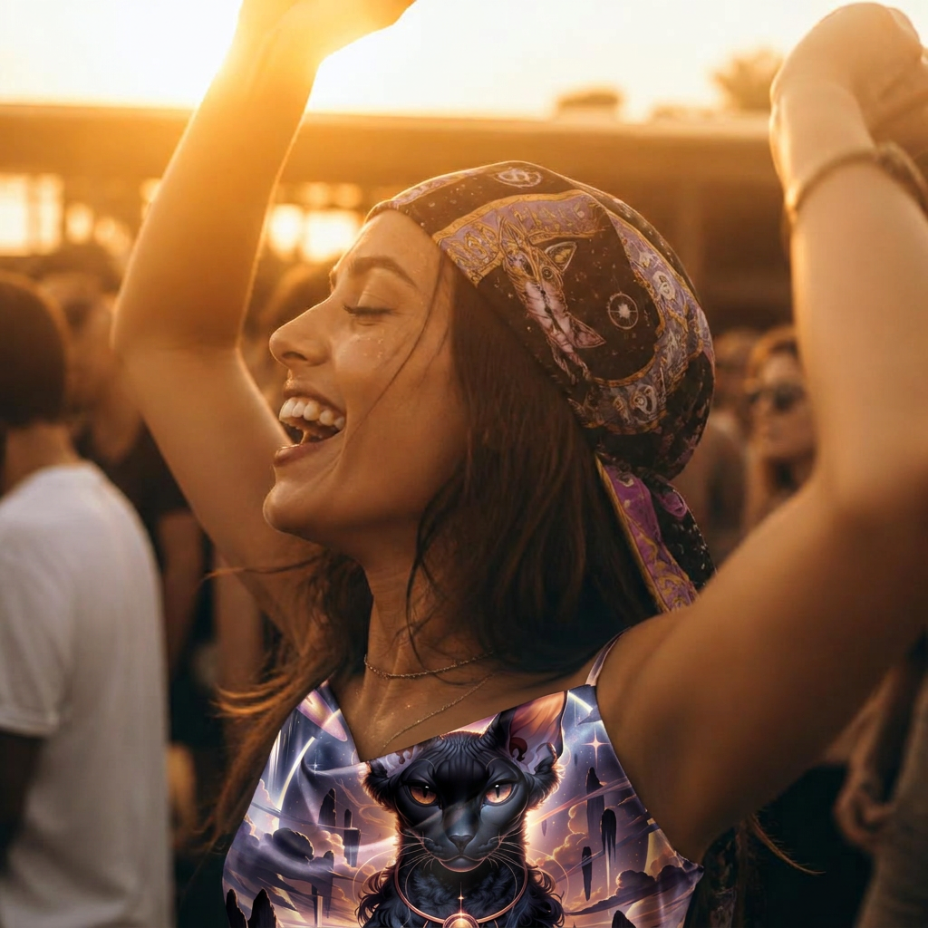 A woman laughing with her arms raised, dancing at a house festival at golden hour, wearing a cosmic sphynx Foulard Oracle headscarf.