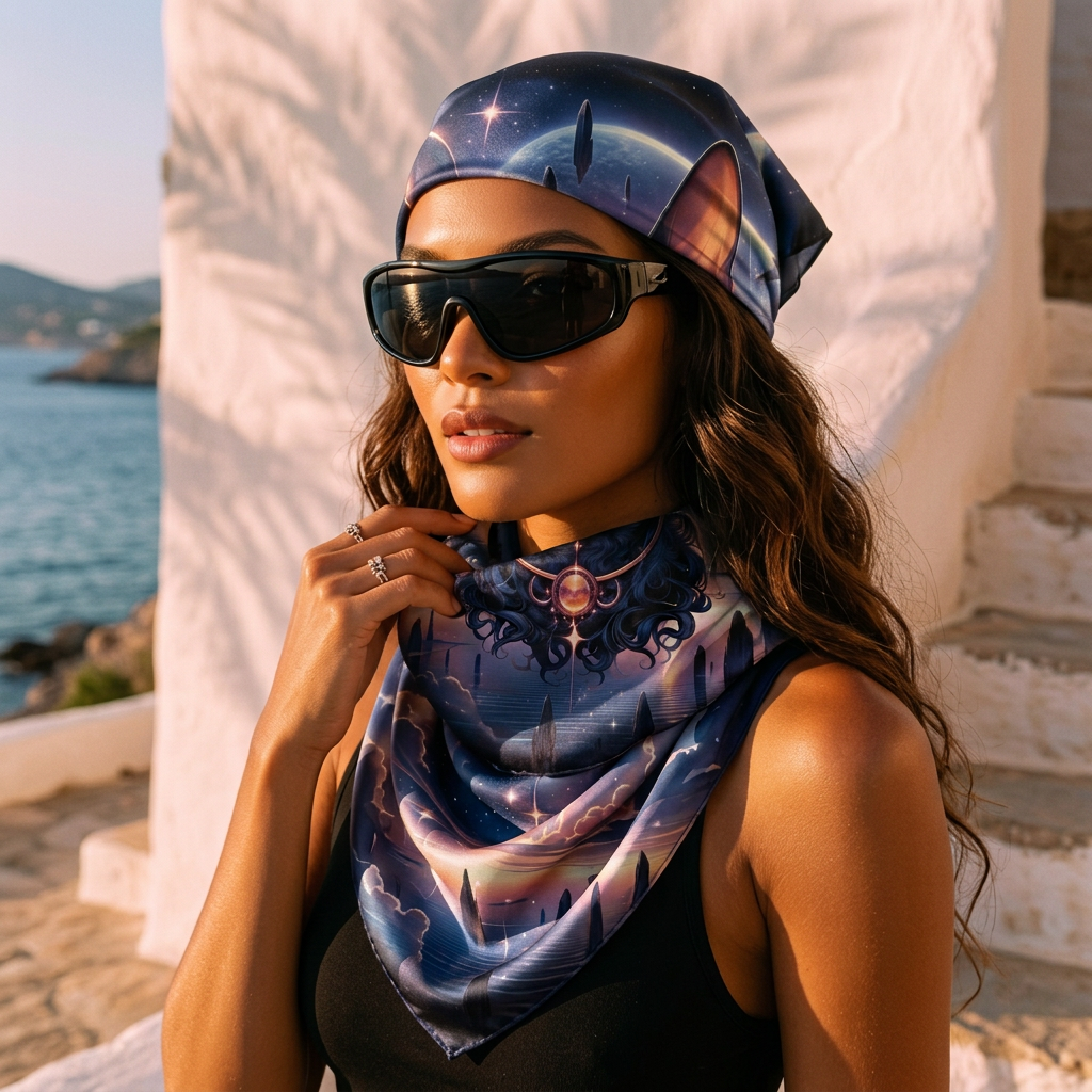 Woman in sport shades and Foulard Oracle bandana with the Mediterranean behind her.