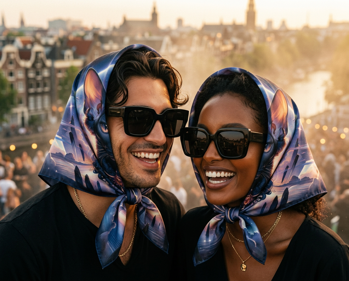 Duo in sunglasses at golden hour, Oracle foulards tied nomad-style in blue and purple.