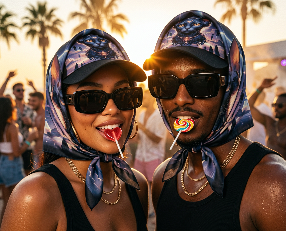 A couple in caps and Foulard Oracle headscarves at a beach party, holding lollipops.