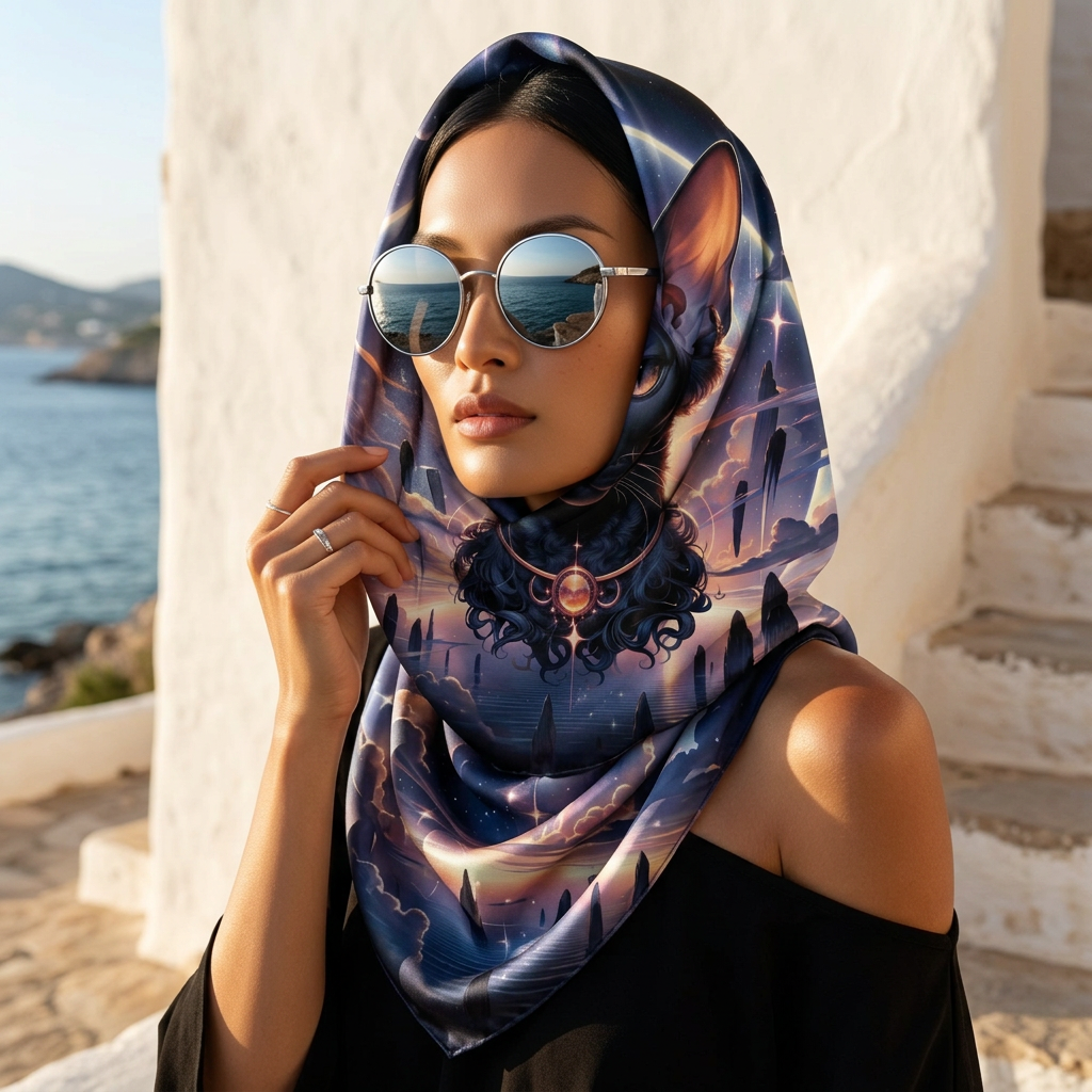 Woman in round sunglasses and Foulard Oracle headscarf on an Ibiza cliff by the sea.