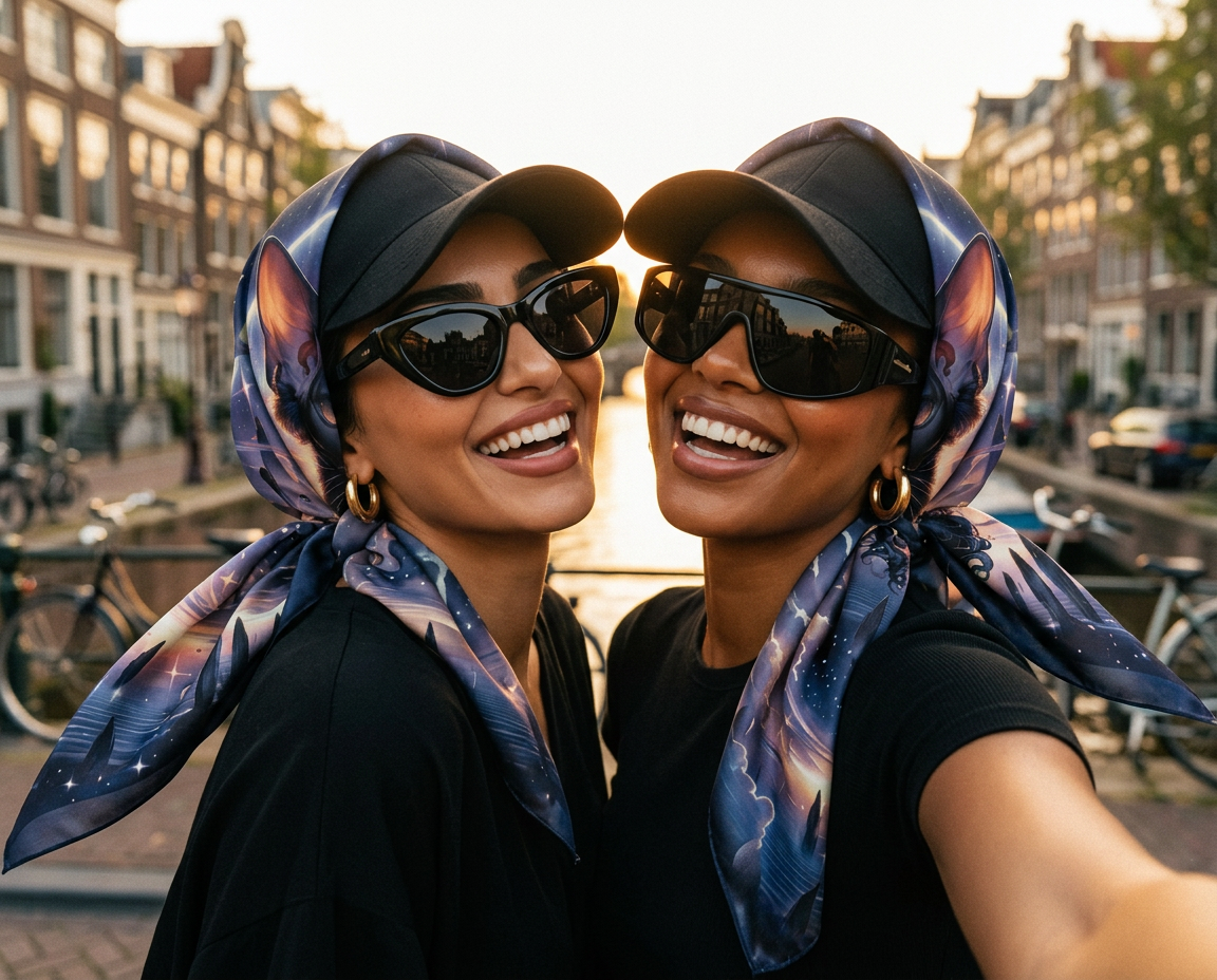 Two women taking a selfie on an Amsterdam canal bridge, wearing matching Foulard Oracle headscarves.