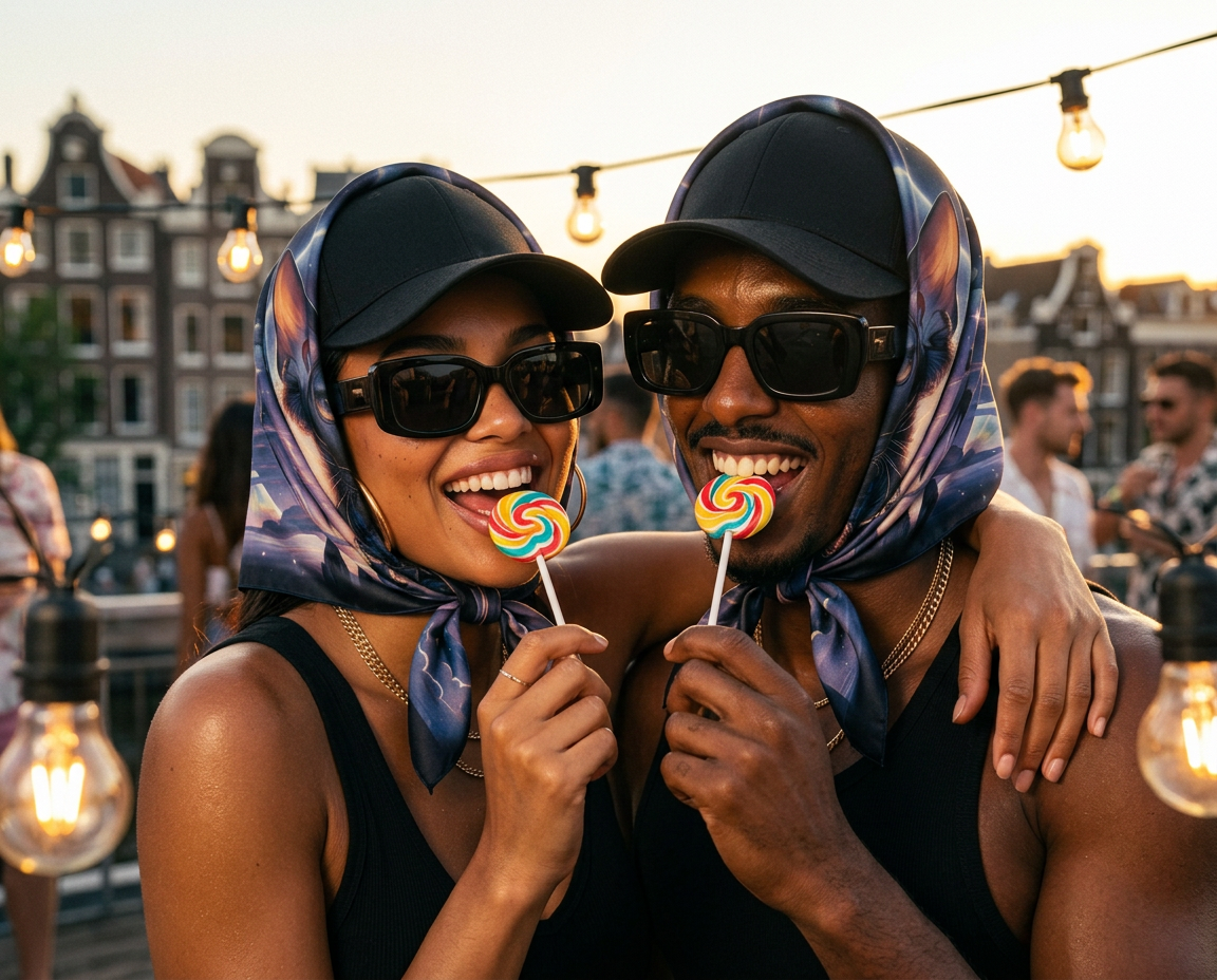 Man and woman in caps and Oracle headscarves, sharing lollipops with quiet swagger.