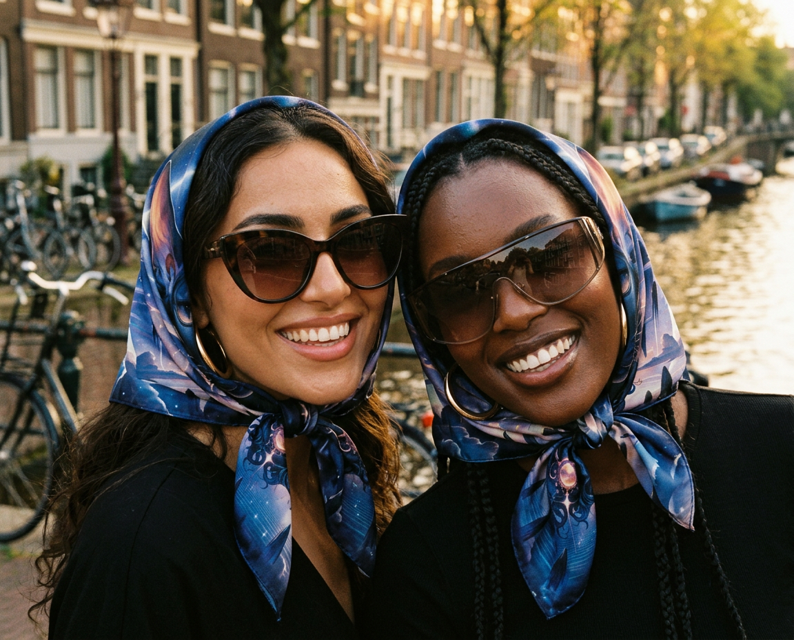 Close-up by a canal — two women wearing the Oracle foulard as a head covering.