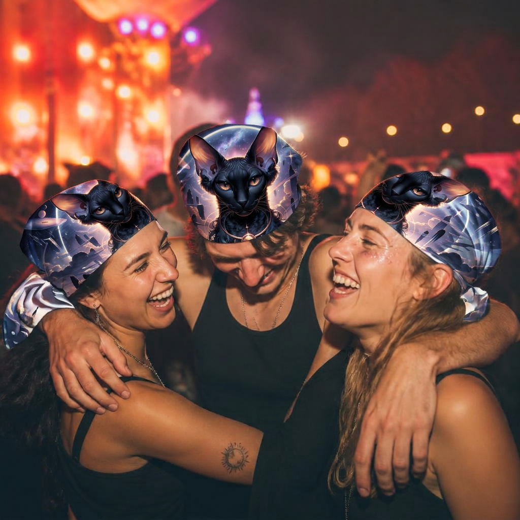 Three friends laughing shoulder-to-shoulder mid-dance under warm festival lights, all wearing cosmic sphynx Foulard Oracle headscarves.