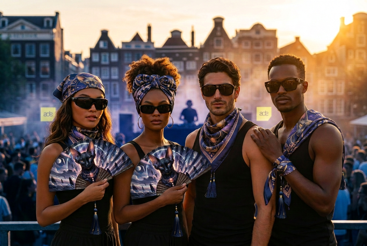 The same four models at ADE Amsterdam Dance Event holding open cosmic-sphynx hand fans, wearing Foulard Oracle scarves, canal houses and DJ booth behind them at sunset.