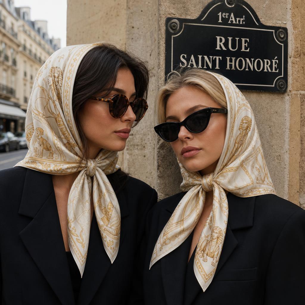 Two models in Foulard — Oracle silk headscarves, Paris.