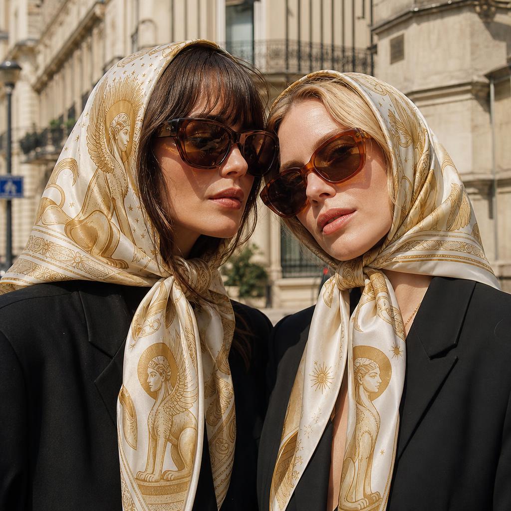 Close-crop editorial of two models in the Foulard — Oracle scarf.