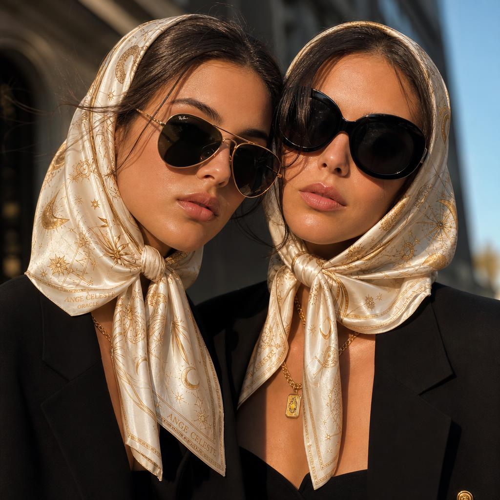 Two Brazilian models wearing the Foulard — Oracle silk scarf.