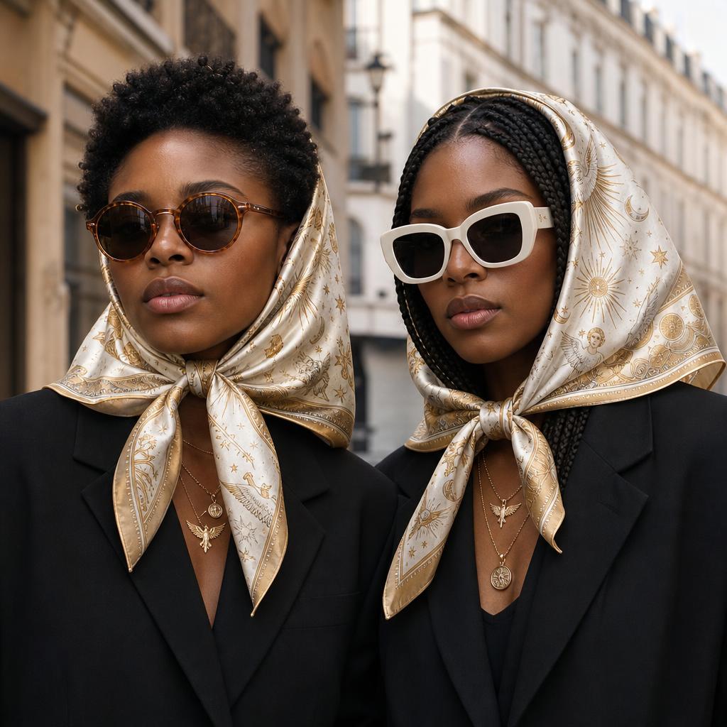 Two Black models in the Foulard — Oracle scarf.