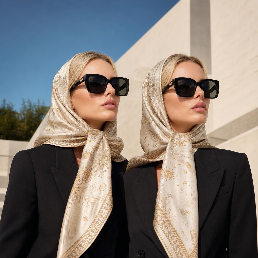 Two blonde models in the Foulard — Oracle silk scarf.