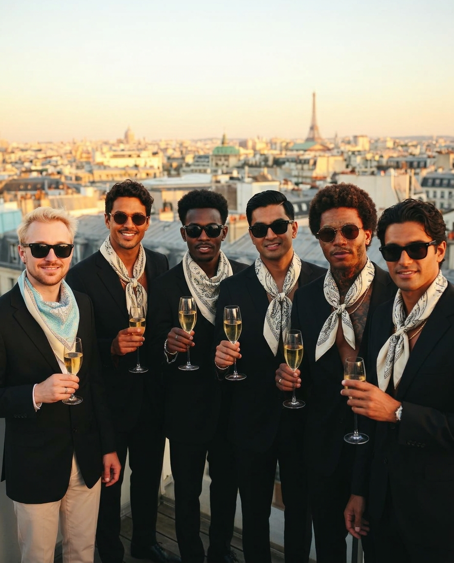 Men toasting champagne on a Parisian rooftop at golden hour.