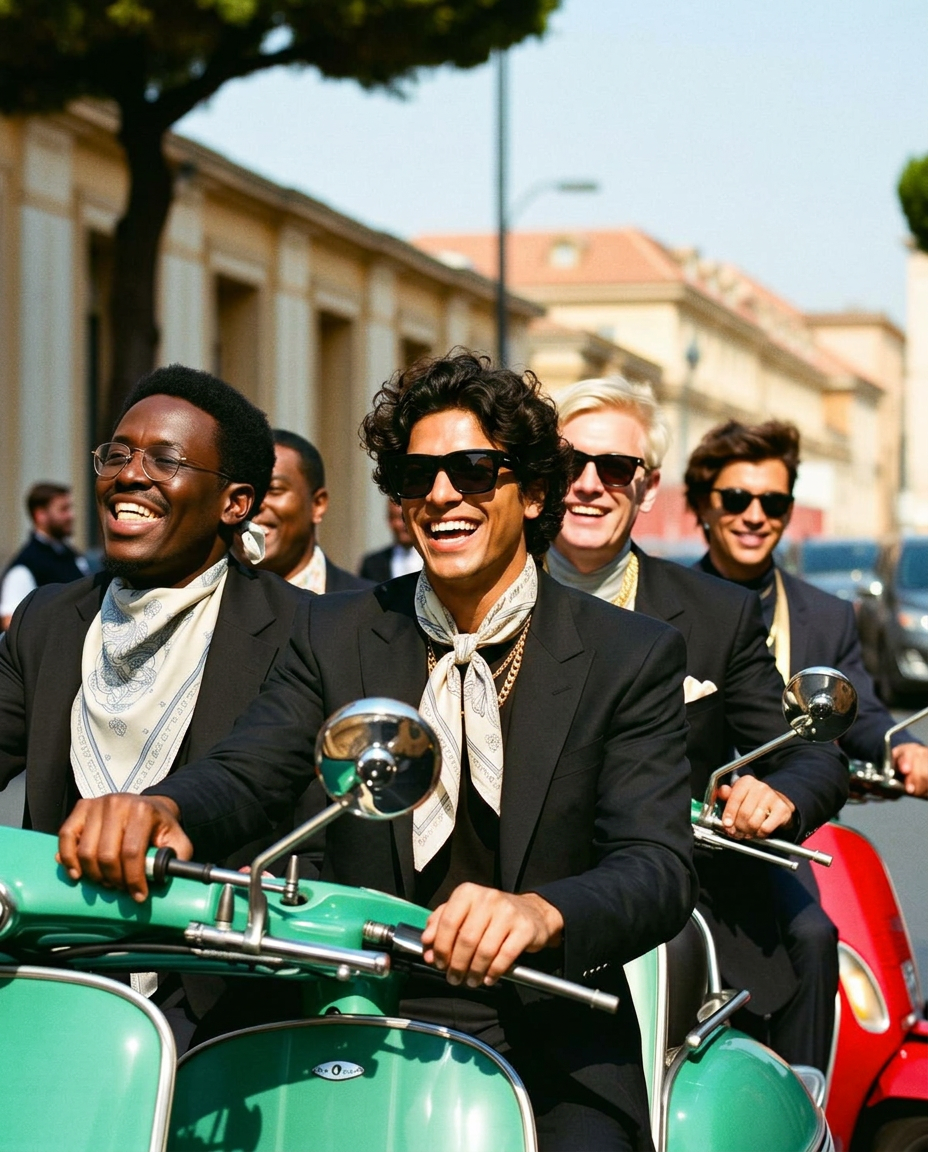 Men riding vintage vespas through Rome, laughing.