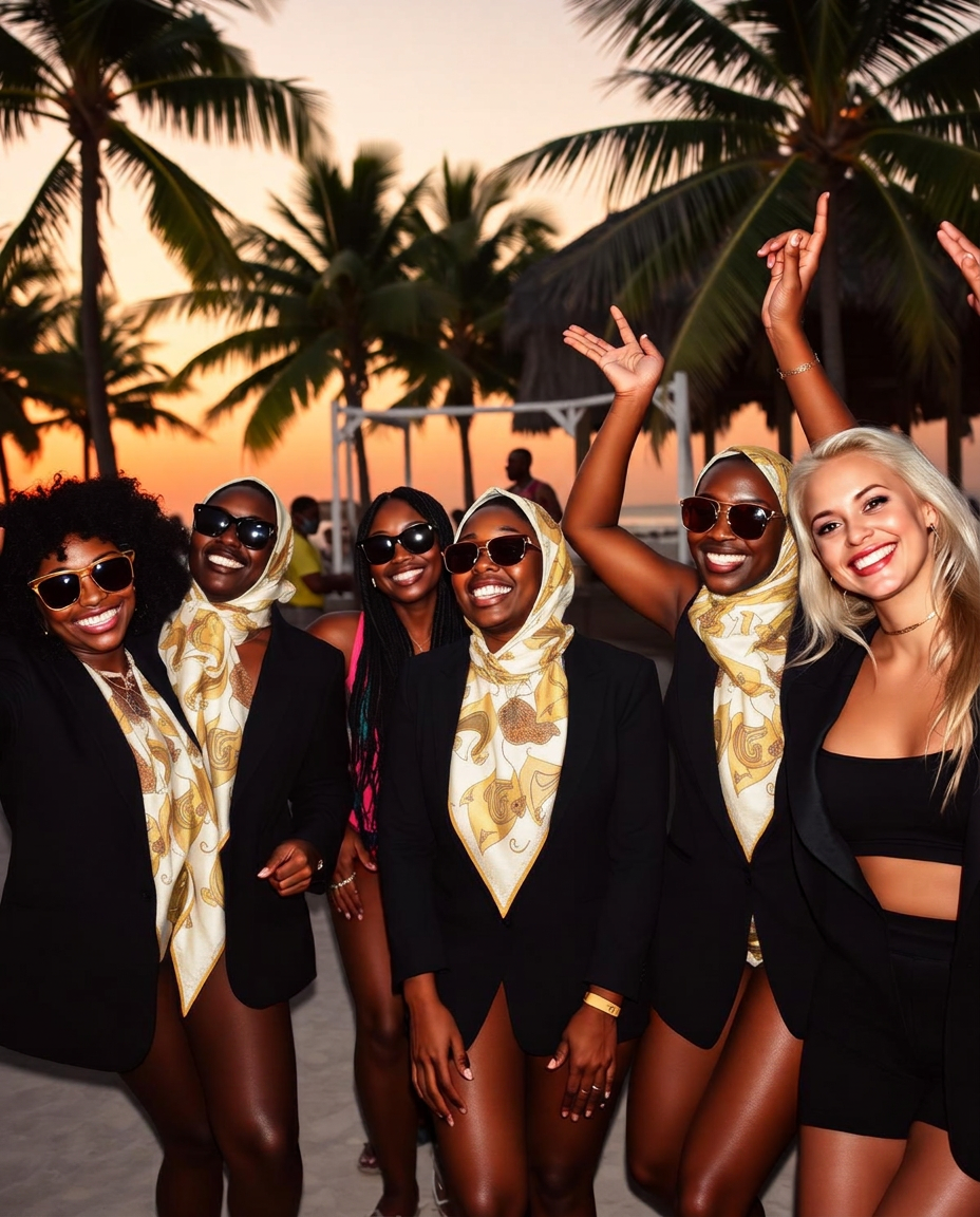 Multicultural group at a Lagos beach party at sunset with afrobeats DJ.