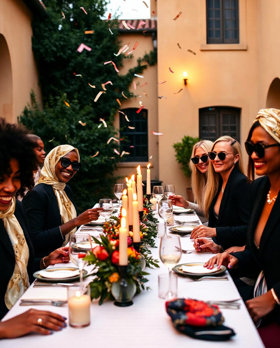 Candle-lit dinner in a Tuscan courtyard with confetti.