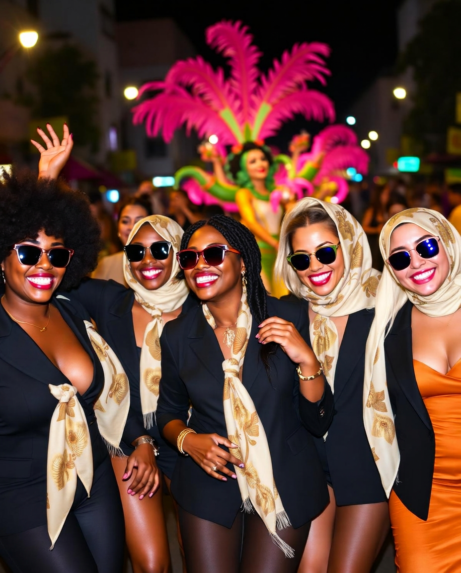 Multicultural group dancing at Carnival in Rio de Janeiro at night.