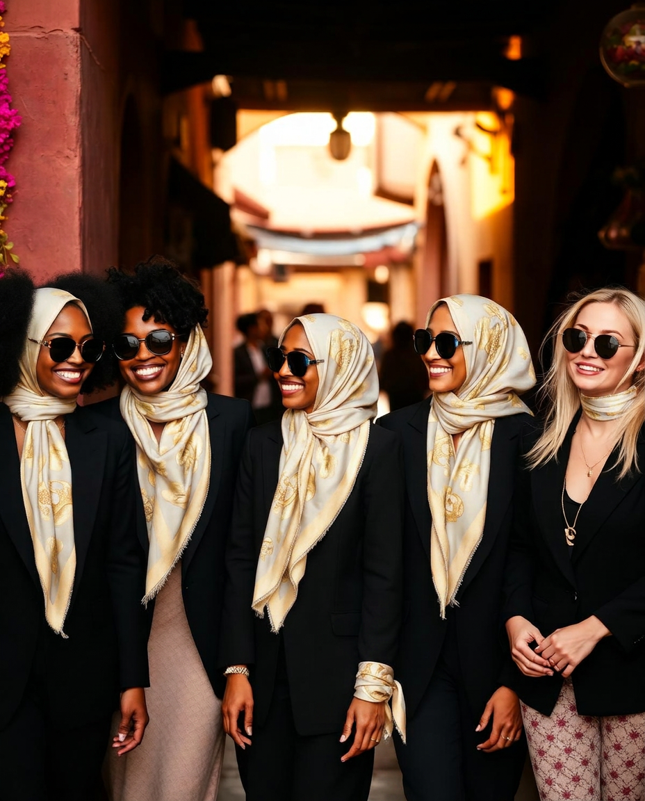 Multicultural group walking through the Marrakech medina at golden hour.
